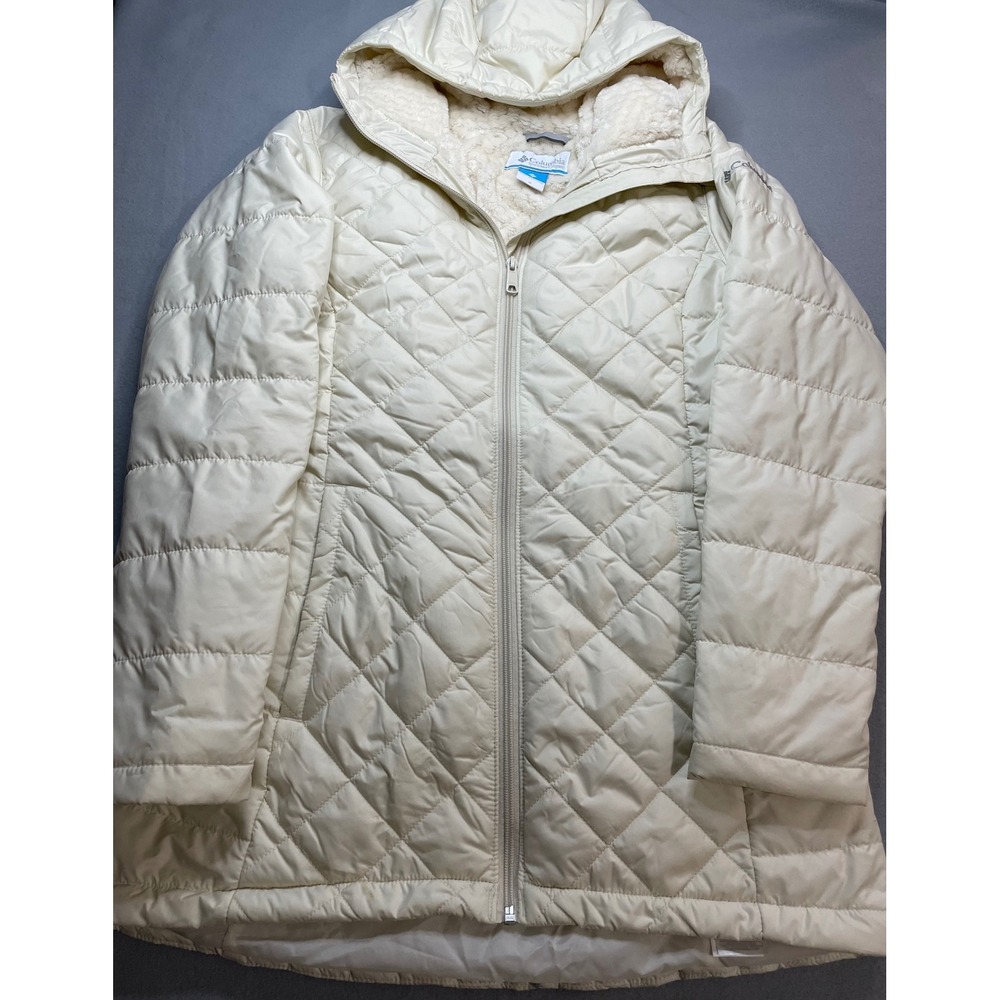 Columbia Women Off White Quilted Hooded Fleece Lined Puffer Jacket Coat Small - Picture 2 of 12